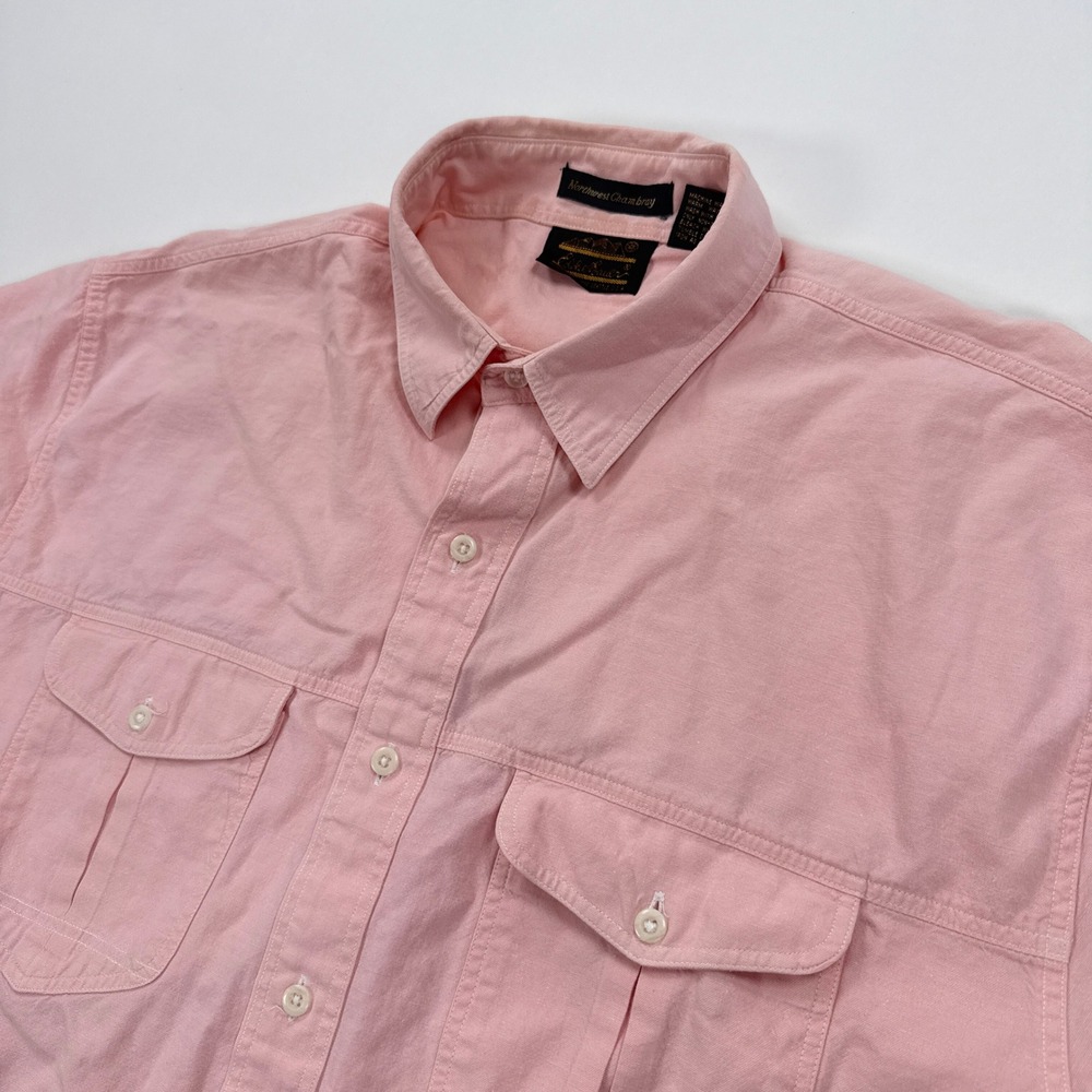 Vintage Eddie Bauer Mens Shirt Large Pink Northwest Chambray Short Sleeve